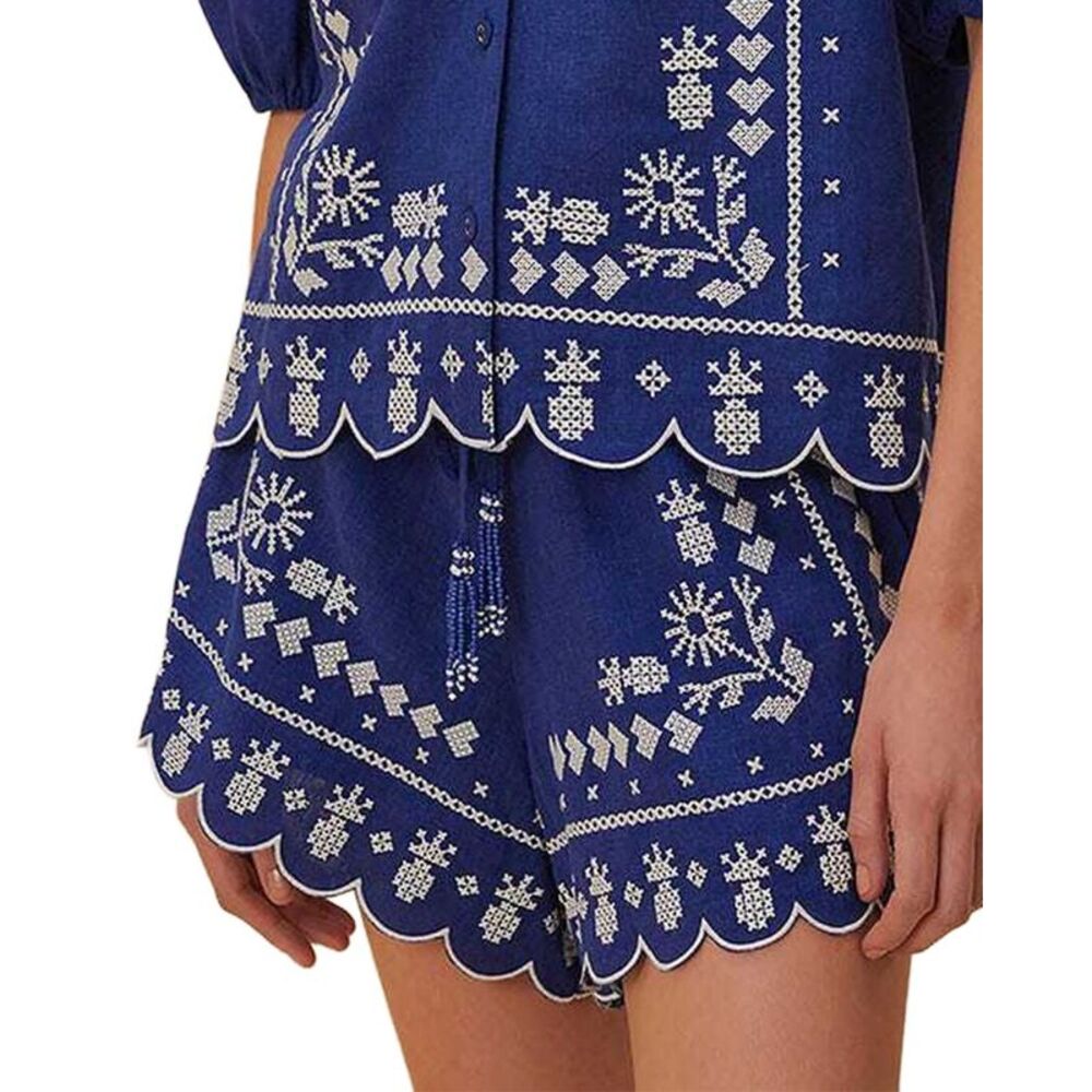 Farm Rio Womens Linen-Blend Navy Blue Embroidered Shorts